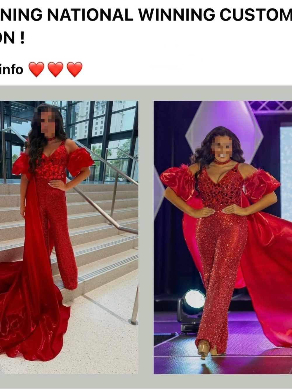 Red Sequin Jumpsuit with Dramatic Cape and Puff Sleeves